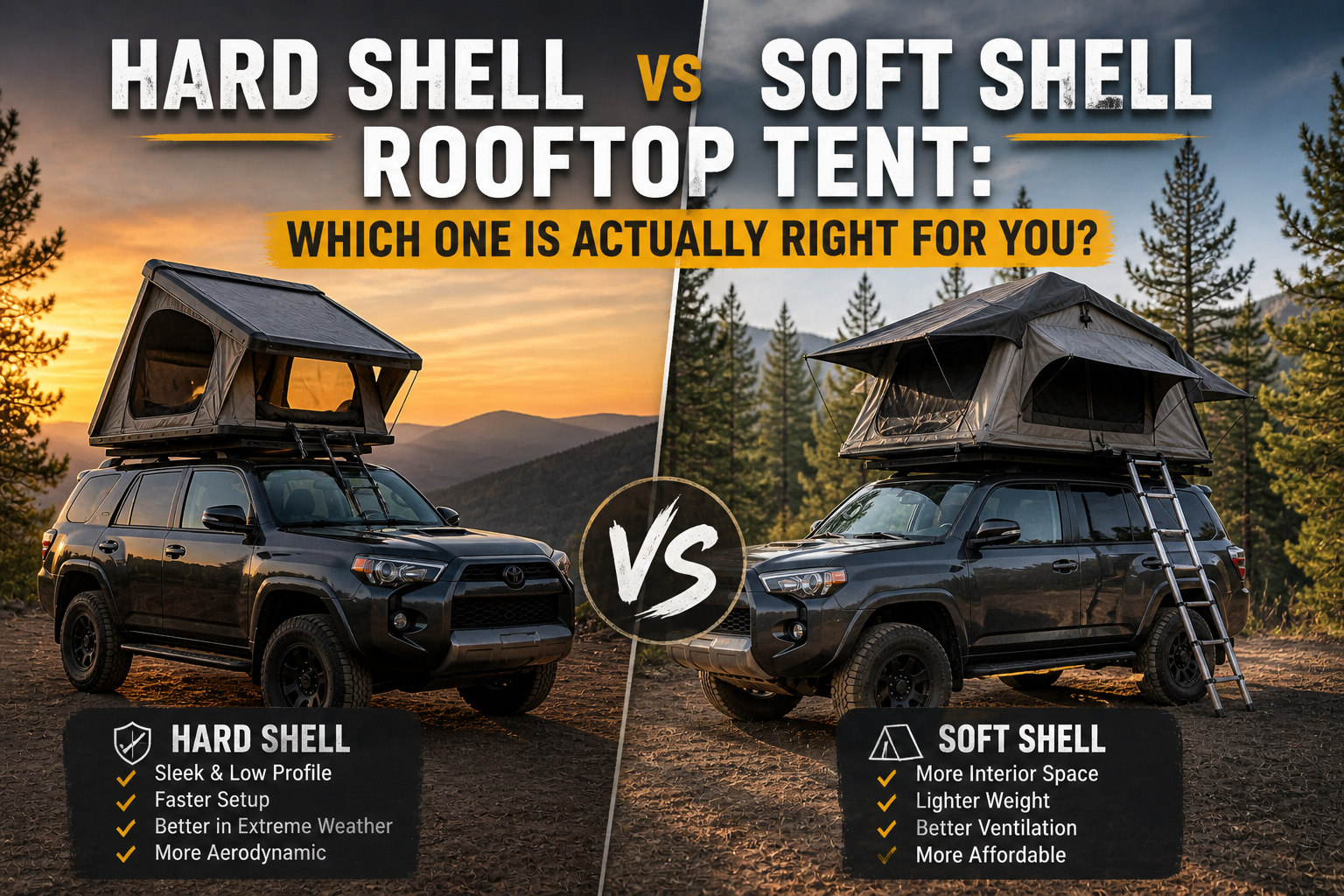 Hard shell and soft shell rooftop tents compared side by side on SUVs at a mountain campsite, showing differences in design, size, and setup.