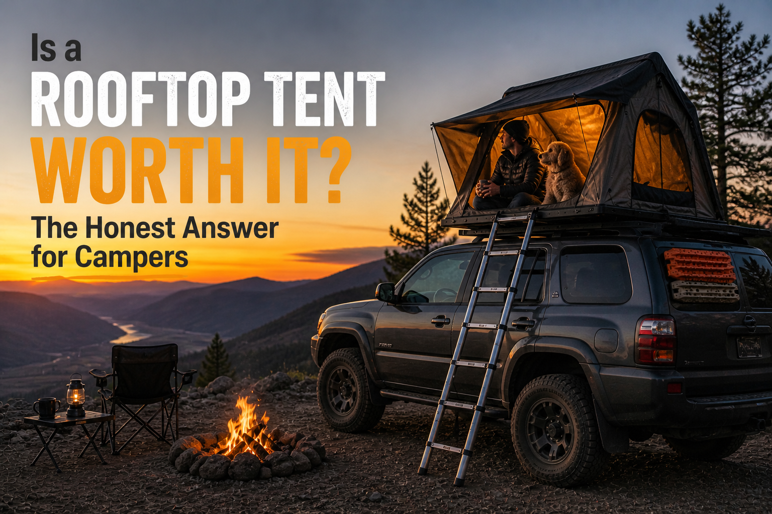 Rooftop tent setup on an SUV at a mountain campsite during sunset, showing a camper relaxing inside with campfire and outdoor gear.