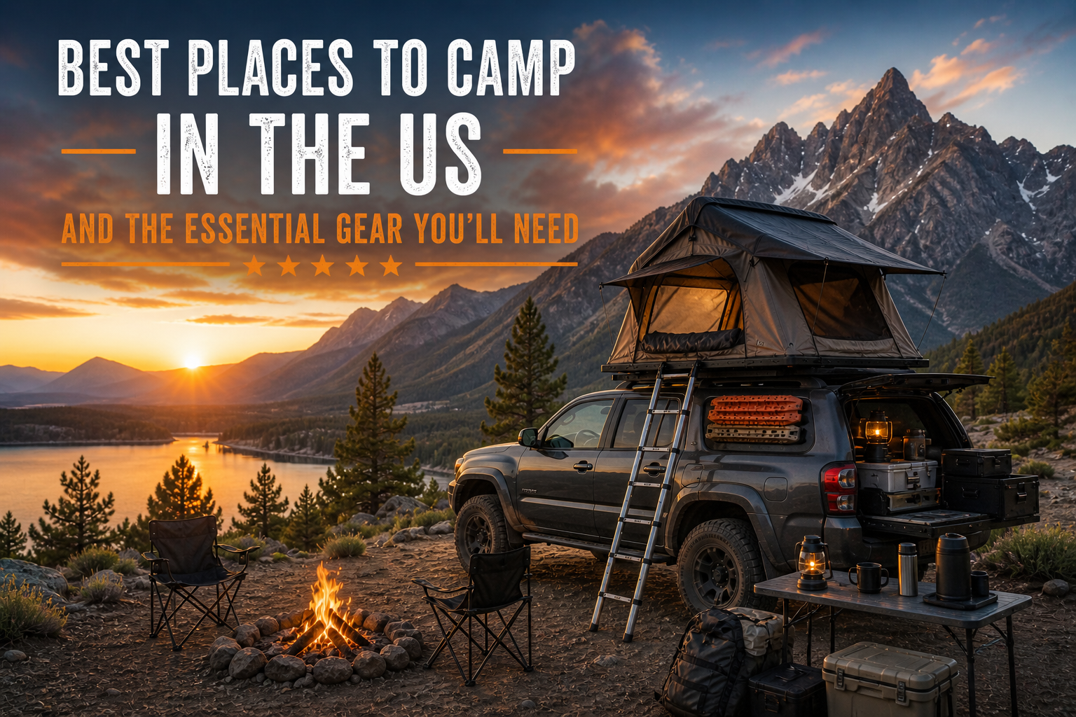 Best camping setup in the US featuring an SUV with rooftop tent, campfire, and outdoor gear at a mountain lake during sunset.