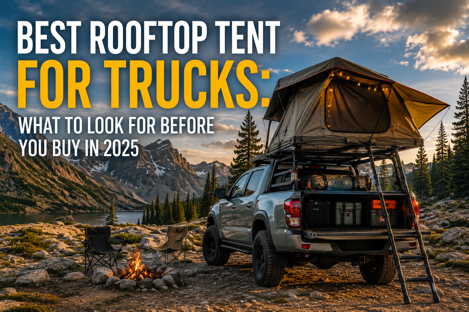 Best rooftop tent for trucks shown on a mid-size overland truck at a remote mountain campsite with deployed RTT and outdoor camp setup.