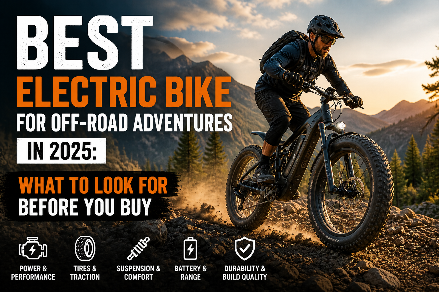 Off-road electric bike rider on a fat-tire e-bike climbing a rugged mountain trail during golden hour with dust and uneven terrain.