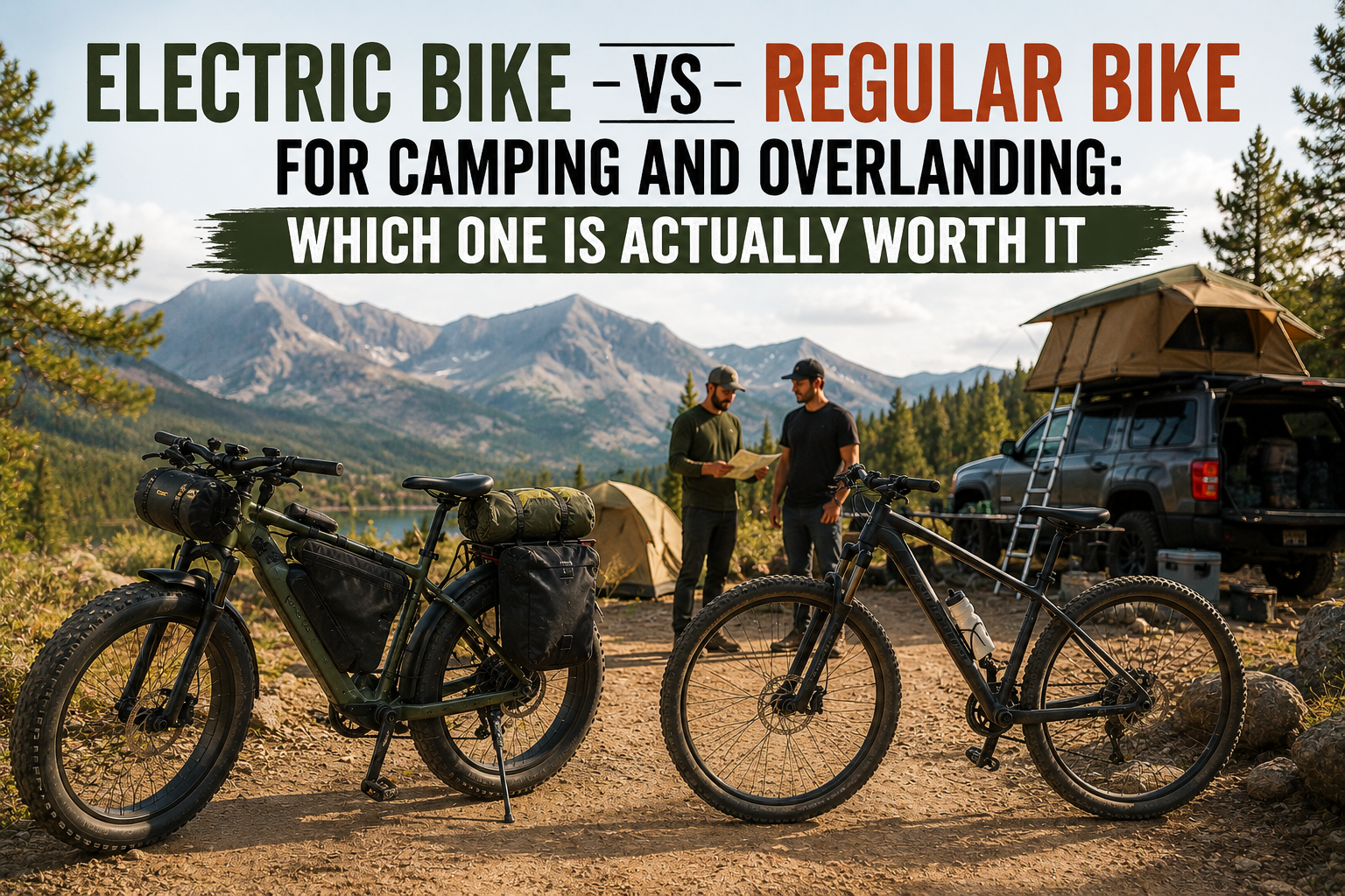 Electric bike vs regular bike comparison at a campsite trailhead showing both bikes side by side in a mountain outdoor setting.