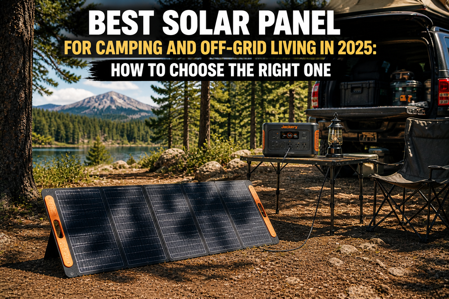 Solar panel for camping charging a portable power station at an off-grid campsite with truck, camp table, and outdoor gear.