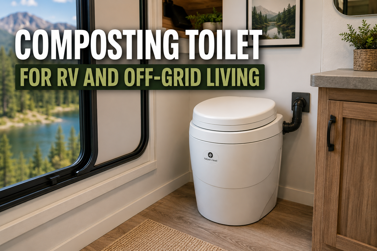 Composting toilet for RV installed in a modern off-grid bathroom interior with compact design and clean setup.