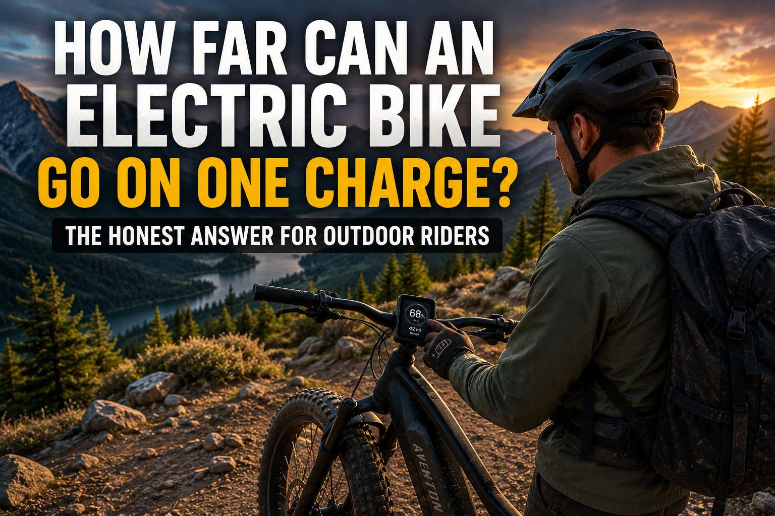 Electric bike range check on a mountain trail with rider monitoring battery level during an off-road adventure.