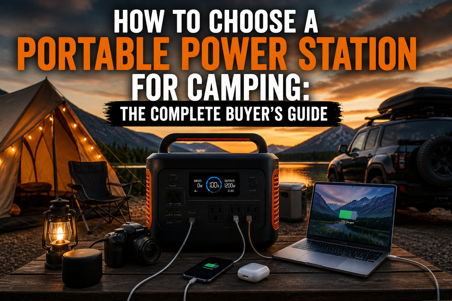 Portable power station for camping powering multiple devices including laptop and phone at an off-grid lakeside campsite during sunset.