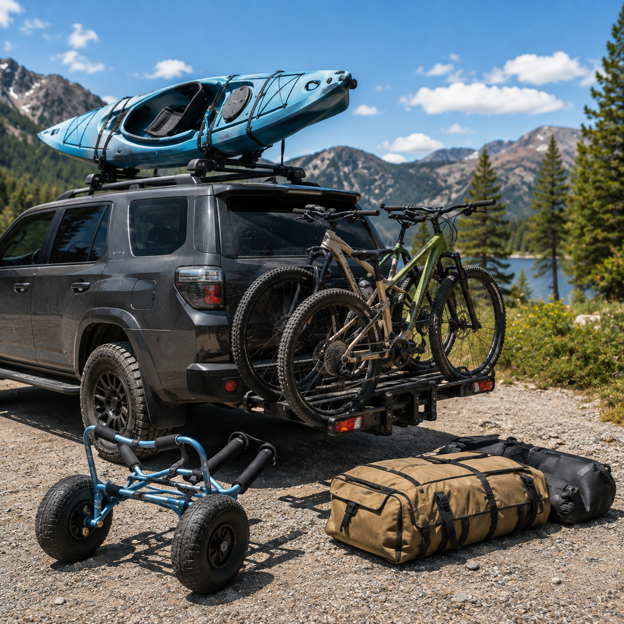Carriers and racks showing hitch-mounted bike rack with mountain bikes alongside roof rack with J-cradle kayak carrier and kayak cart for complete outdoor adventure vehicle transport and gear hauling