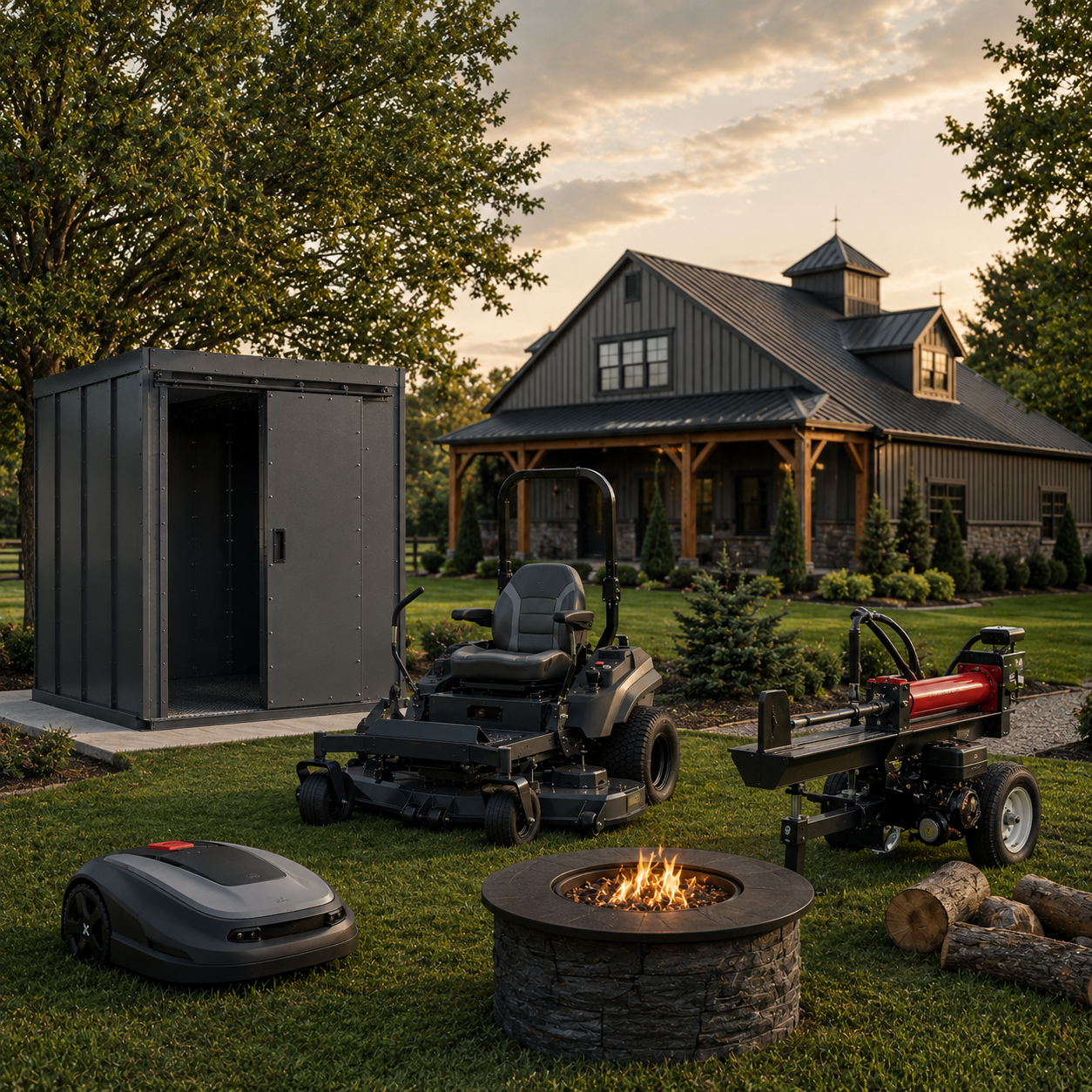 Outdoor equipment collection showing TerraMow V1000 robotic mower, Swisher zero-turn riding mower, Timber Brute log splitter, propane fire pit, and ESP steel tornado safety shelter for complete property management