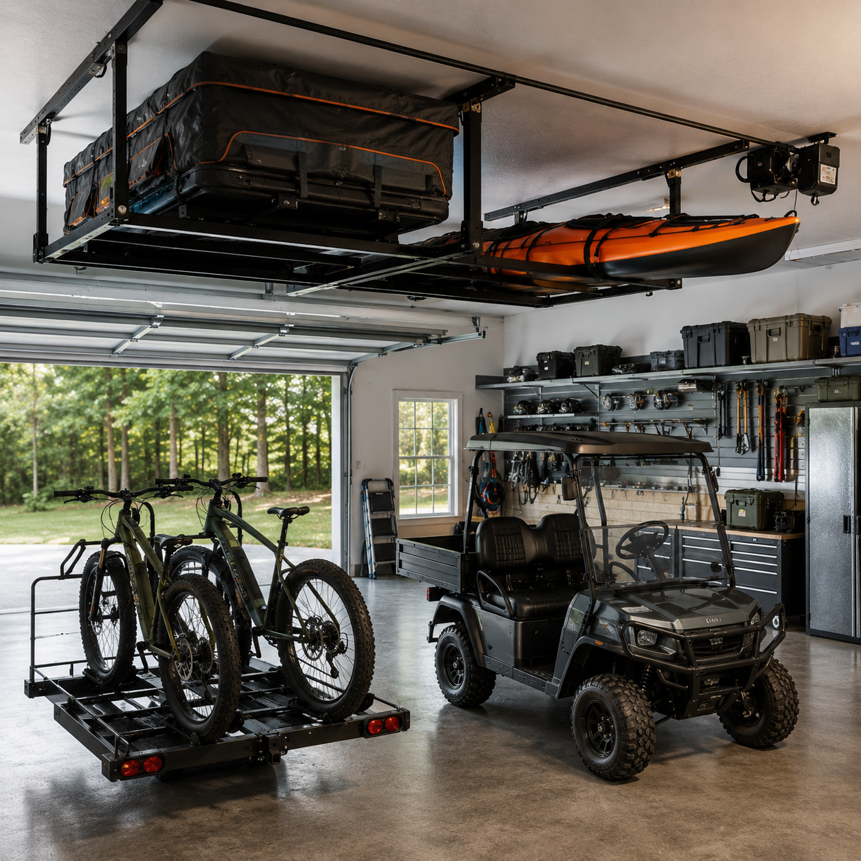 Utility and storage equipment showing Auxx Lift motorized garage ceiling platform lift storing rooftop tent and kayak overhead alongside electric utility cart and bike carrier for complete outdoor adventure transport and storage system.