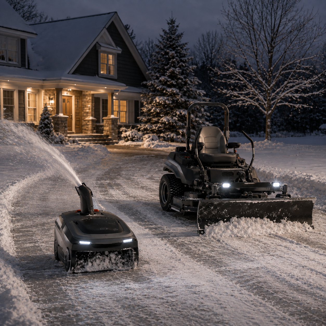 Snow removal equipment showing autonomous robotic snow blower clearing a residential driveway overnight alongside a zero-turn mounted snow plow blade attachment for large property winter snow clearing