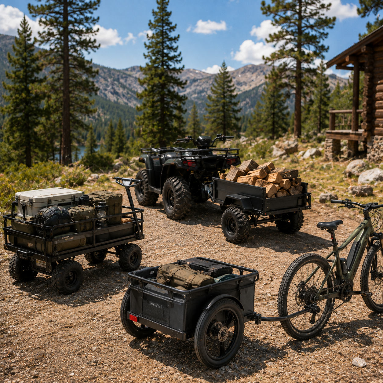 Trailers and carts showing electric utility cart loaded with camping gear alongside tow-behind ATV cargo trailer hauling firewood and bike cargo trailer attached to e-bike for outdoor adventure and property hauling