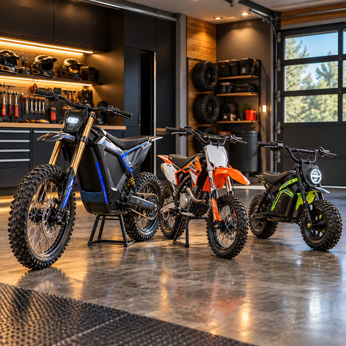 Dirt bikes and mini bikes collection showing HappyRun G300 Pro adult electric dirt bike at 6500W alongside MotoTec 50cc youth gas dirt bike and electric mini bike for recreational off-road riding on private trail