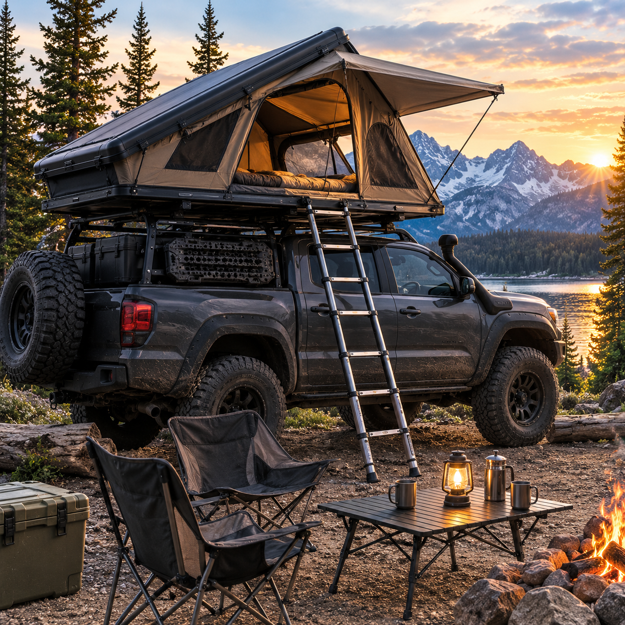 Rooftop tent hard shell clamshell deployed on a truck roof rack at a mountain campsite showing elevated sleeping platform with awning and ladder for overlanding and off-road camping