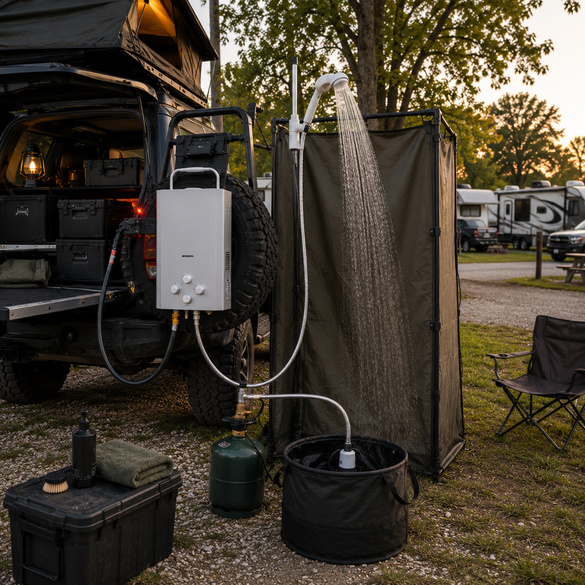 Portable propane camp water heater set up at an overlanding campsite showing Camplux tankless unit with submersion pump and shower head for hot water access at off-grid destinations