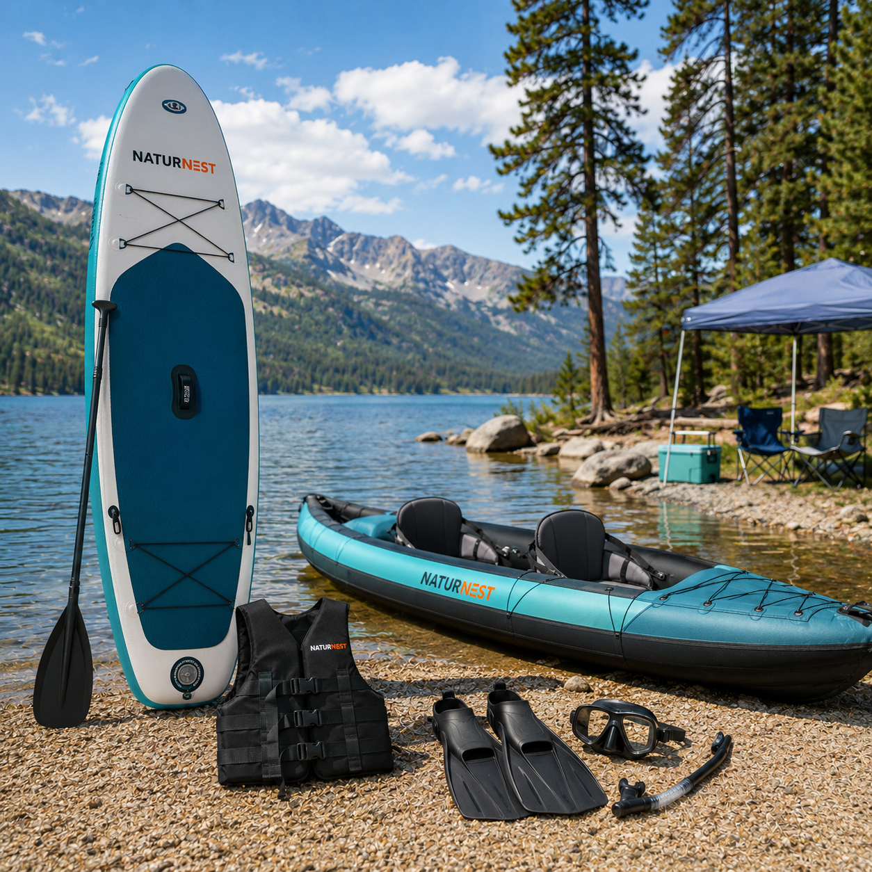 Water sports equipment including inflatable stand-up paddleboard, inflatable kayak, snorkeling gear, and life jacket at a lake campsite for outdoor adventure water recreation.