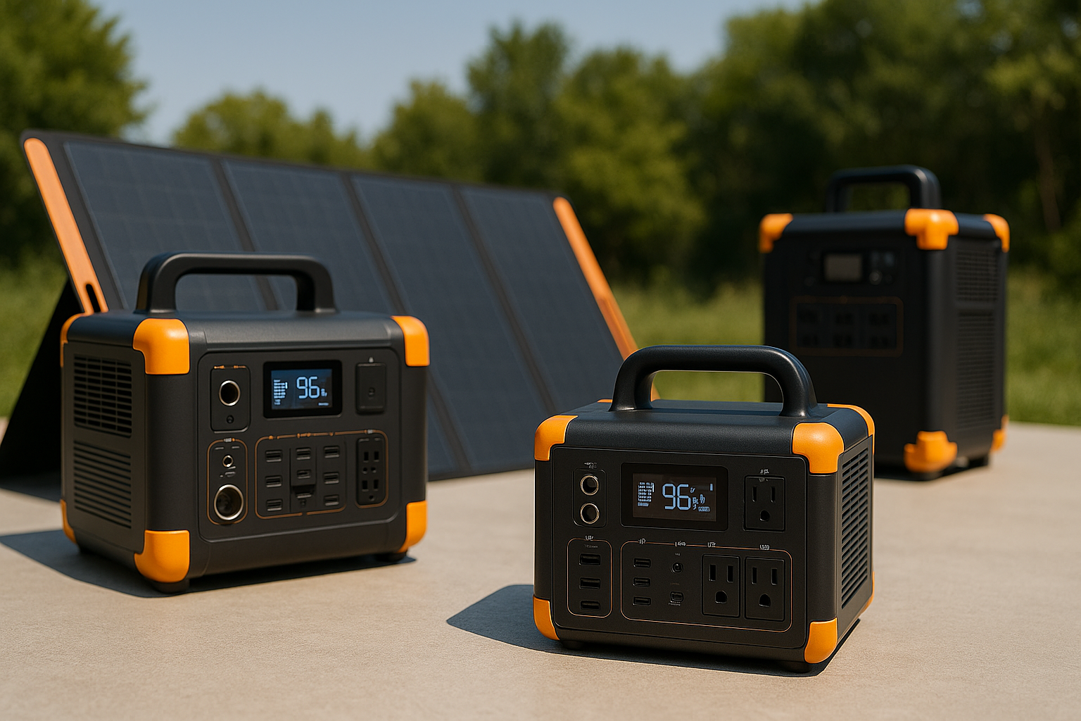 Portable power stations arranged outdoors providing clean, reliable backup energy.