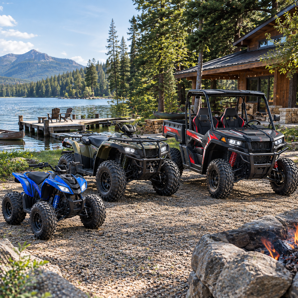 ATVs and UTVs collection showing MotoTec youth electric ATV alongside adult gas quad and two-seat side-by-side UTV with cargo bed for family property riding and rural hauling on off-road terrain