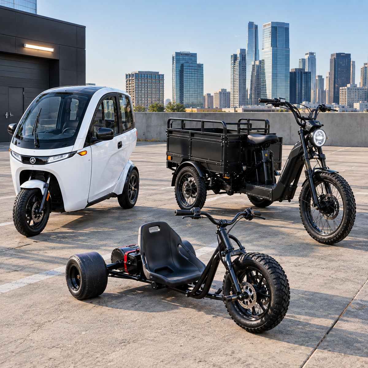 Electric trikes and 3-wheelers collection showing ENVO Veemo SE fully enclosed electric velomobile commuter trike alongside MotoTec electric cargo trike and drift trike for stability cargo and recreational three-wheel riding