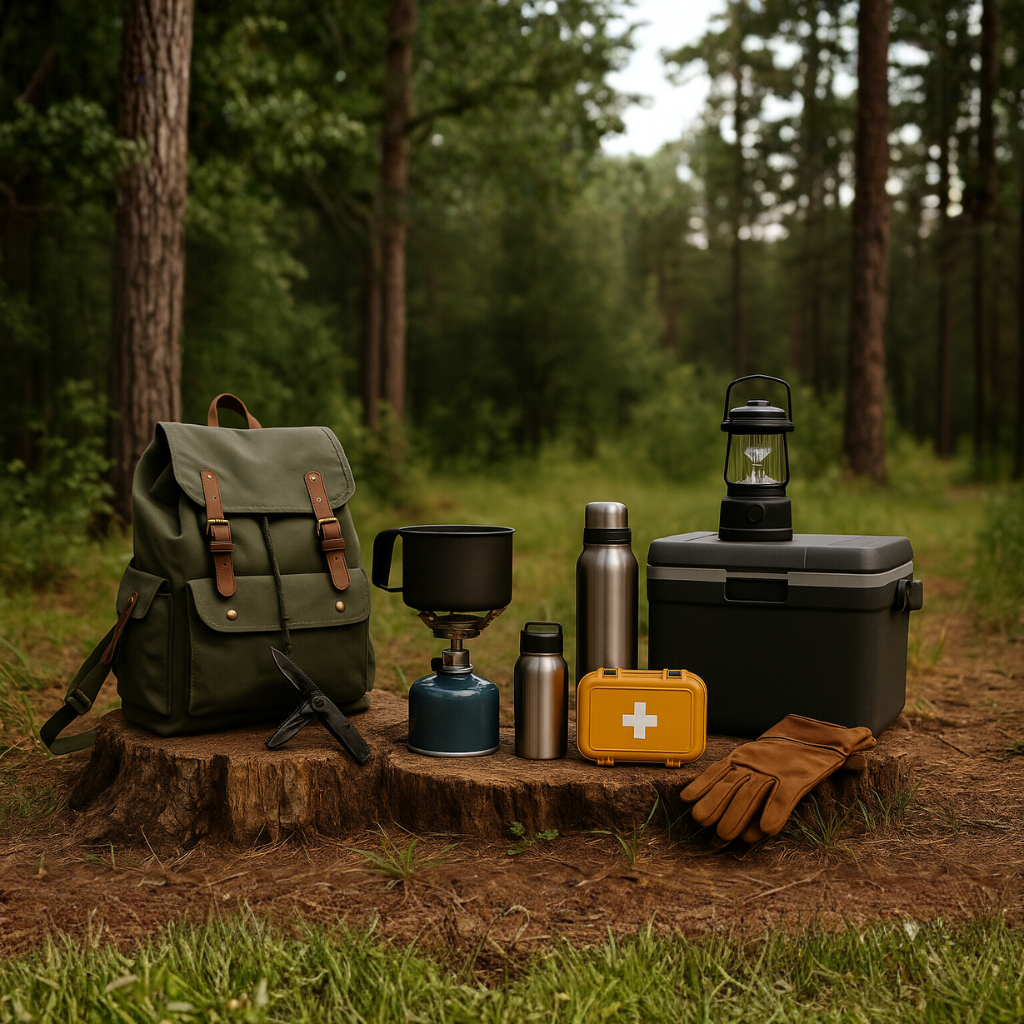 Outdoor essentials kit laid out on a trail including a water filter, first aid kit, compass, headlamp, multi-tool, fire starter, and emergency space blanket for hiking and camping