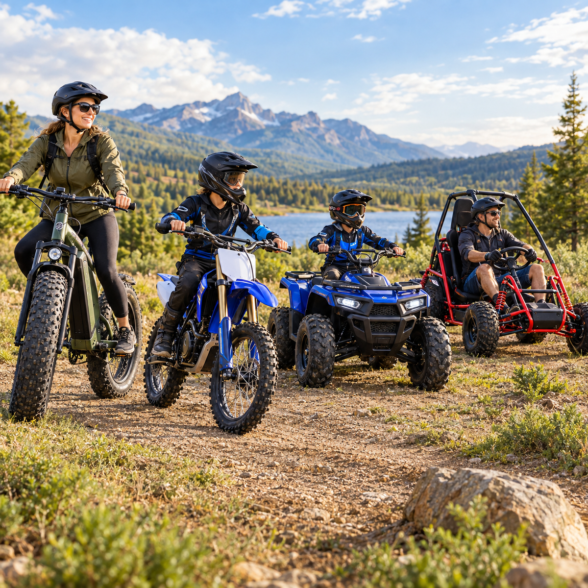 Rides and powersports collection showing HappyRun fat tire electric bike alongside MotoTec electric dirt bike, electric ATV, and full-suspension go-kart for outdoor adventure family riding on rural terrain