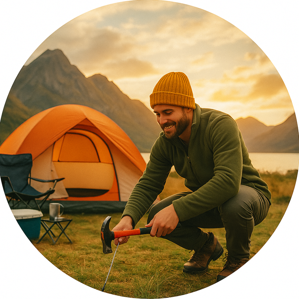 Camping and outdoor gear setup including a family cabin tent, sleeping bags, camp chairs, LED lantern, and portable camp stove at an established campsite in a forest