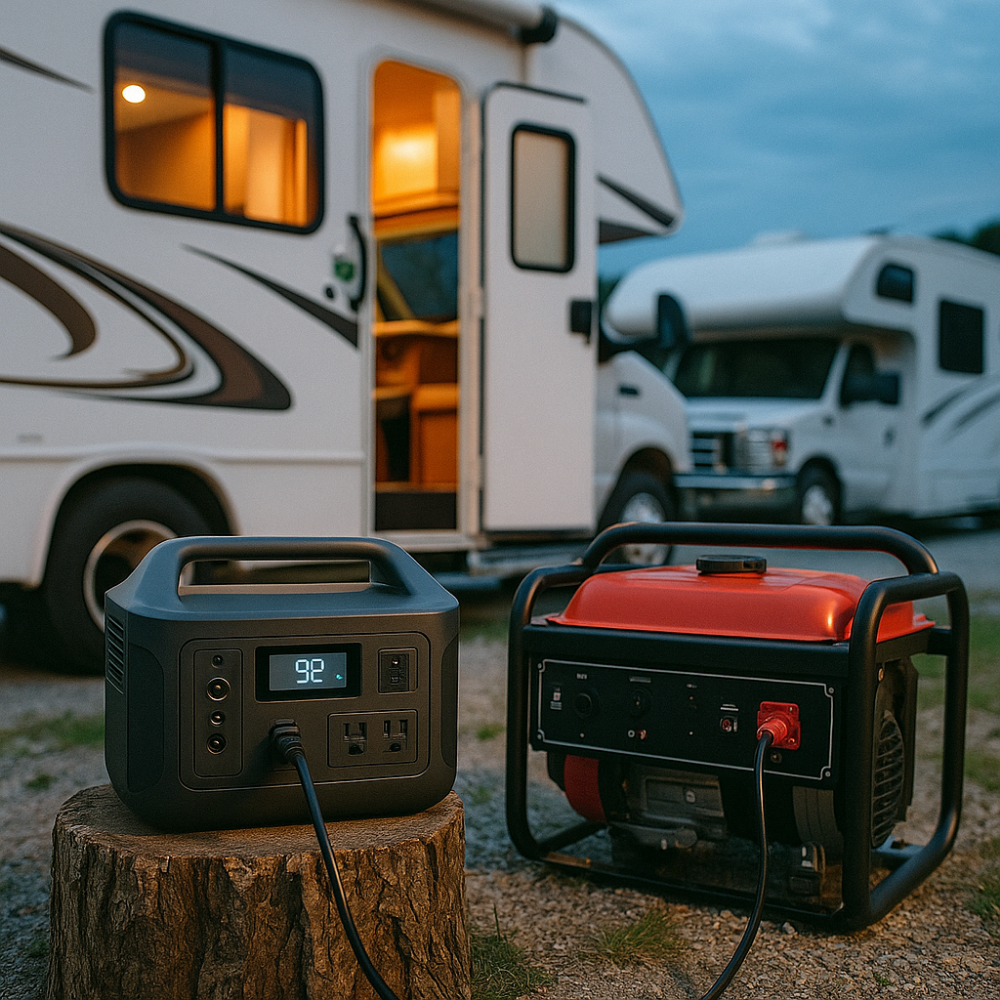 Portable power stations, backup batteries, and solar charging systems displayed outdoors for home and off-grid energy use