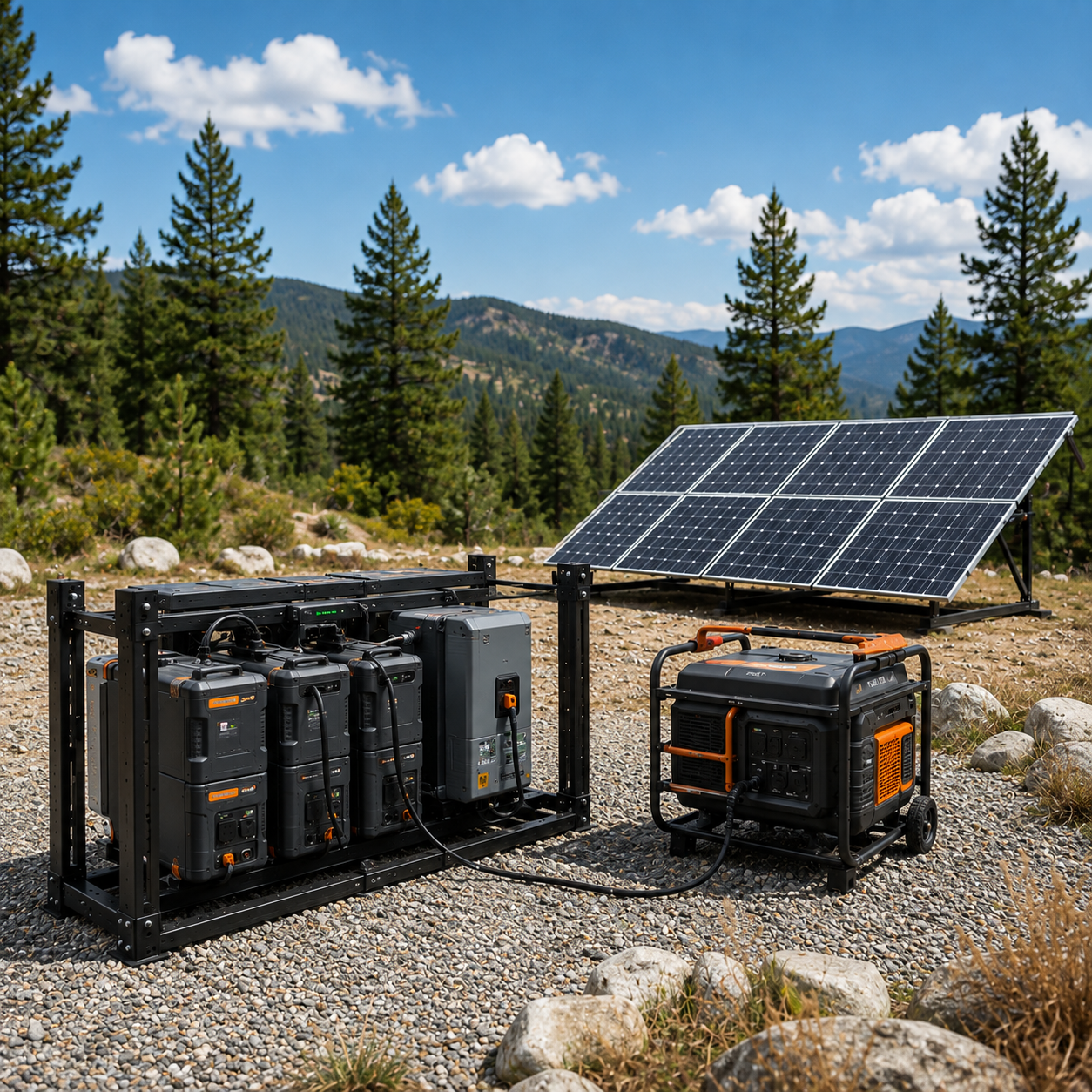 Portable power station and foldable solar panel set up at an outdoor campsite providing off-grid power for lights and device charging