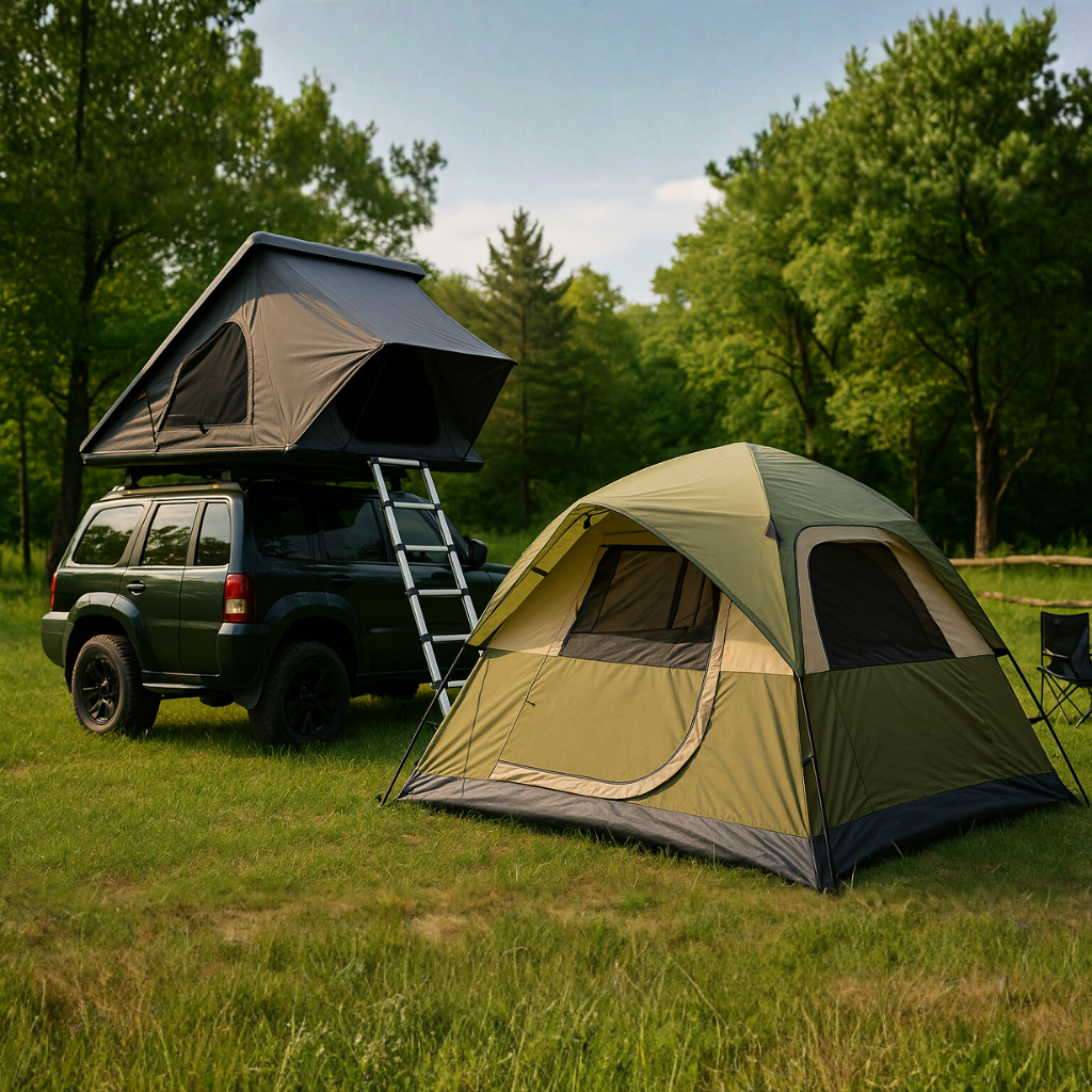 Camping tent collection including a family cabin tent with standing room, a lightweight backpacking dome tent, and a hard-shell rooftop tent mounted on an SUV for overlanding
