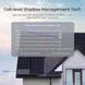 Solar panels on a roof with a graph comparing power reduction between 200W ShadowFlux and traditional solar panels.