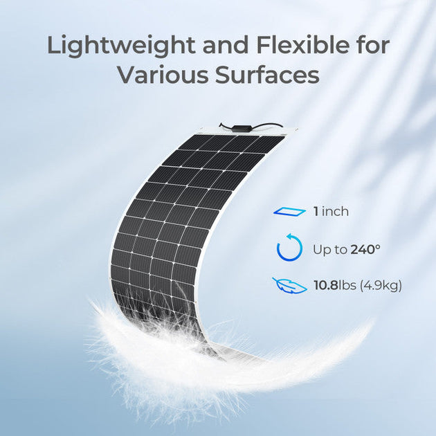 Flexible solar panel with text highlighting its lightweight and flexible features on a light blue background.