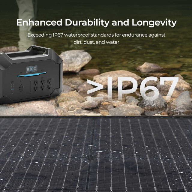 Portable power station with solar panel on a rocky shore, emphasizing durability and IP67 waterproof rating.
