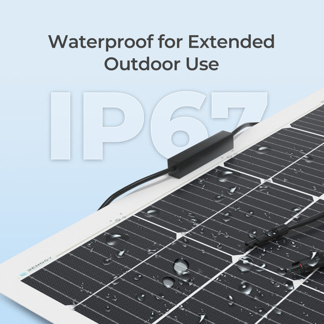 Solar panel with water droplets on a light blue background, featuring text about waterproofing and IP rating.