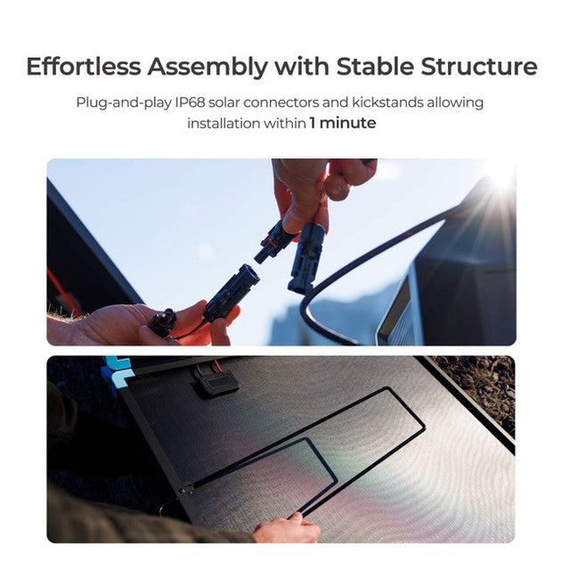 Two images showing plug-and-play IP68 solar connectors and kickstands for effortless assembly.