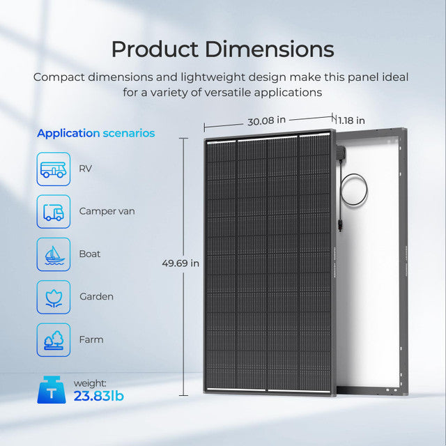Solar panel with dimensions and application scenarios on a light blue background