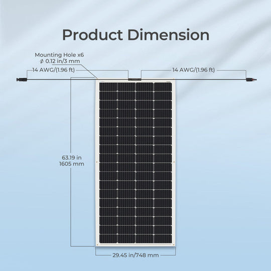 Solar panel with dimensions labeled on a light blue background