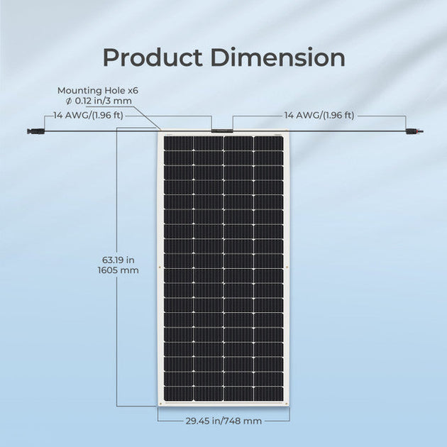 Solar panel with dimensions labeled on a light blue background