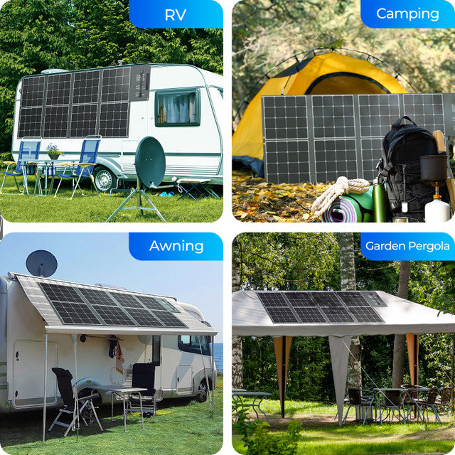 Collage of solar panels on various outdoor structures including an RV, tent, awning, and garden pergola.