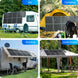 Collage of solar panels on various outdoor structures including an RV, tent, awning, and garden pergola.