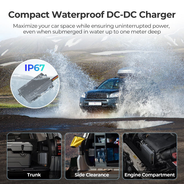 Compact waterproof DC-DC charger with a car driving through water, emphasizing its IP67 rating.