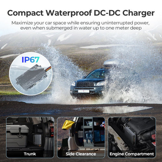 Compact waterproof DC-DC charger with a car driving through water, emphasizing its IP67 rating.