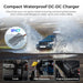 Compact waterproof DC-DC charger with a car driving through water, emphasizing its IP67 rating.