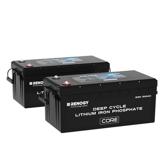 Two Renogy deep cycle lithium iron phosphate batteries on a white background
