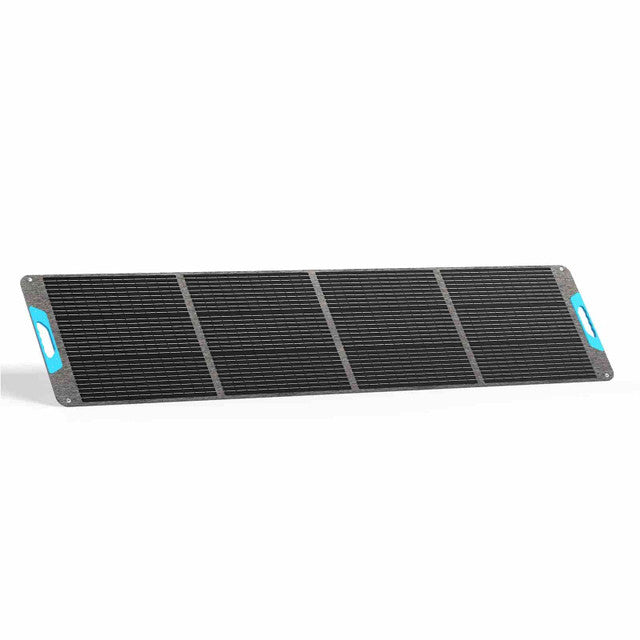Flexible solar panel with blue connectors on a white background