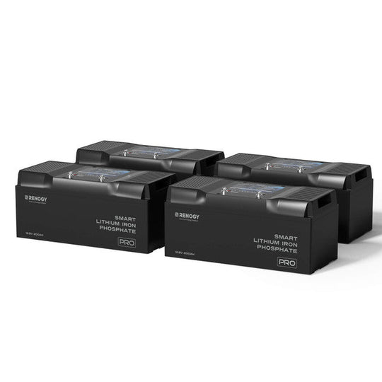 Four black batteries labeled 'Renogy' on a white background
