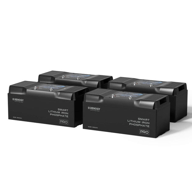 Four black batteries labeled 'Renogy' on a white background