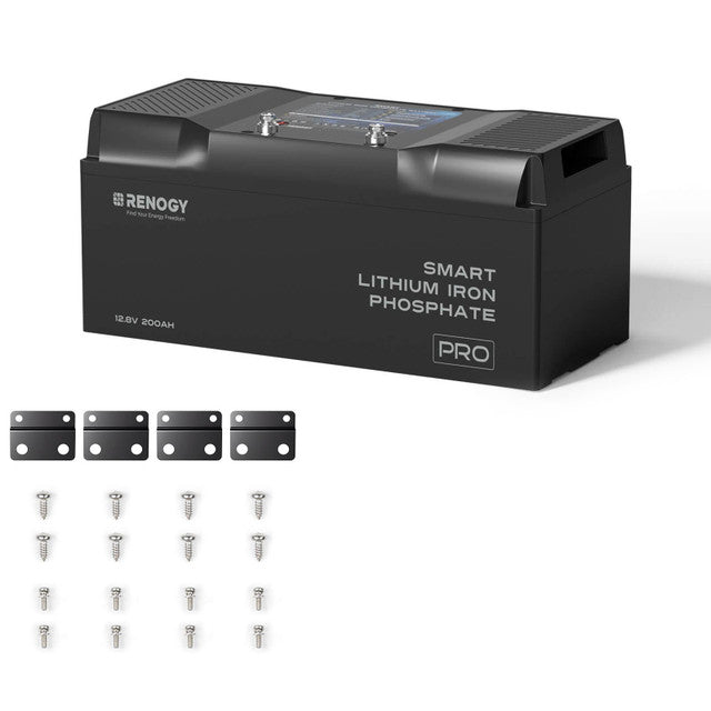 Renogy lithium iron phosphate battery with screws on a white background