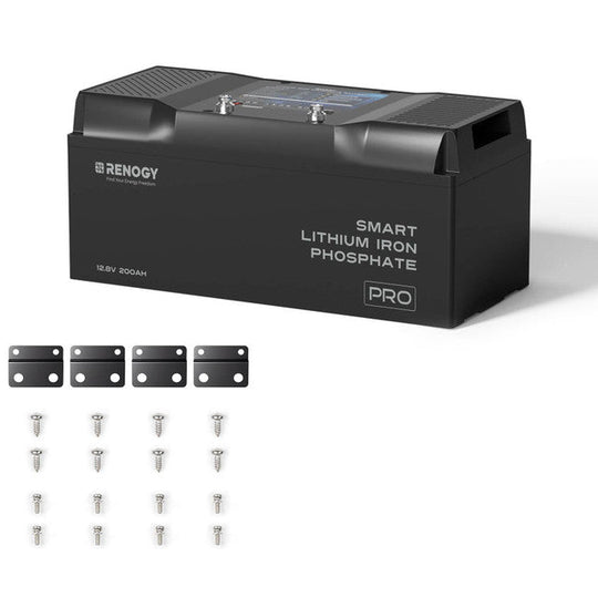 Renogy lithium iron phosphate battery with screws on a white background