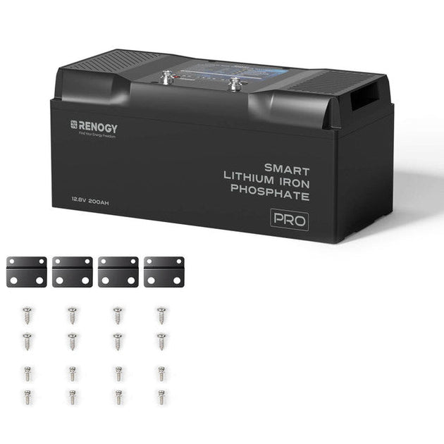 Renogy lithium iron phosphate battery with screws on a white background