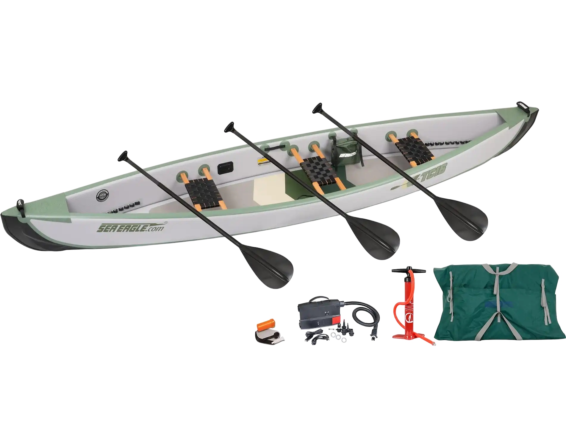 Sea Eagle TC16 Travel Canoe Wood/Web Seats Electric Pump for 3 Package