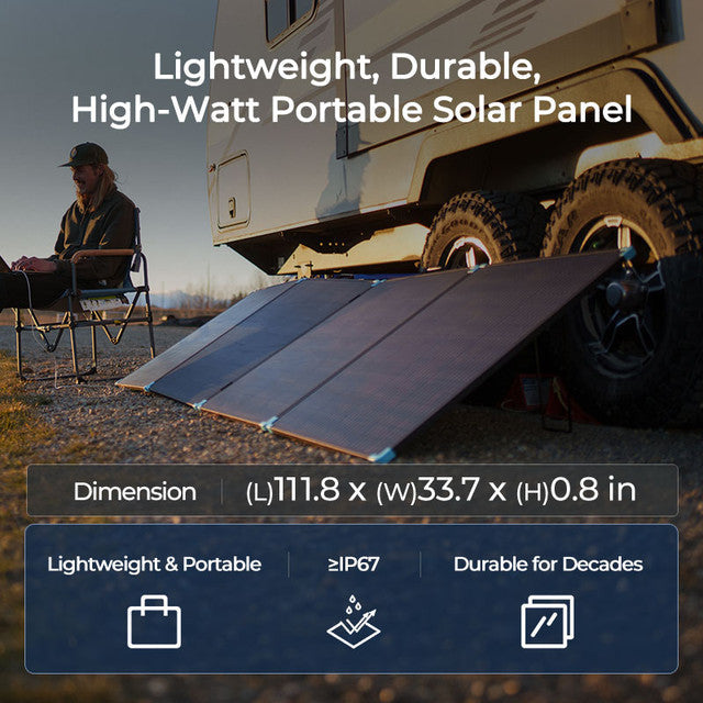 Portable solar panel with text highlighting features and specifications, set against a blurred outdoor background.
